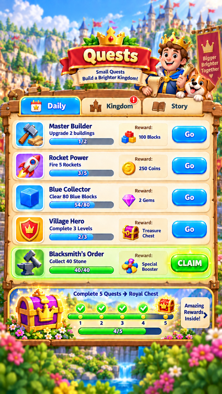 Quests. Small quests build a brighter kingdom!